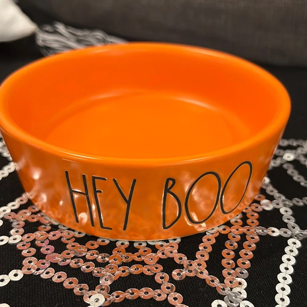 👻 Small Pet Bowl HEY BOO Food & Water Dish 5” H x 1.5” D Matte Orange Black LL